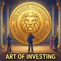 Lion admiring a giant medallion in a gallery