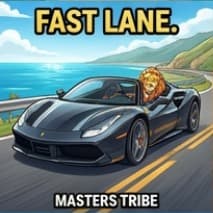 Lion driving a supercar in the fast lane