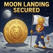 Lion planting a flag beside a giant coin
