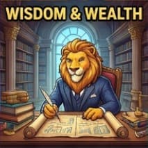 Lion studying in a wood-panelled library