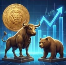 Bull and bear statues in front of a green chart