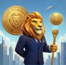 Lion posing before the city skyline